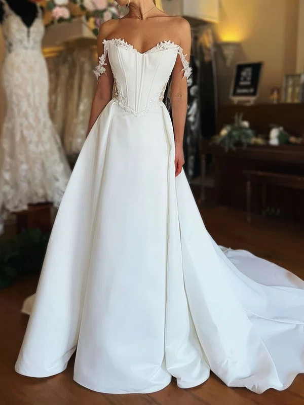 Ball Gown/Princess Off-the-shoulder Satin Sweep Train Wedding Dresses With Ruched #Milly00029011