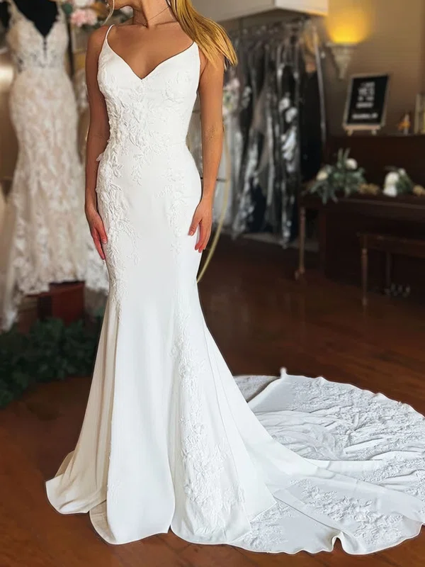 Trumpet/Mermaid V-neck Stretch Crepe Sweep Train Wedding Dresses With Appliques Lace #Milly00029012