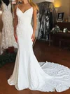 Trumpet/Mermaid V-neck Stretch Crepe Sweep Train Wedding Dresses With Appliques Lace #Milly00029012