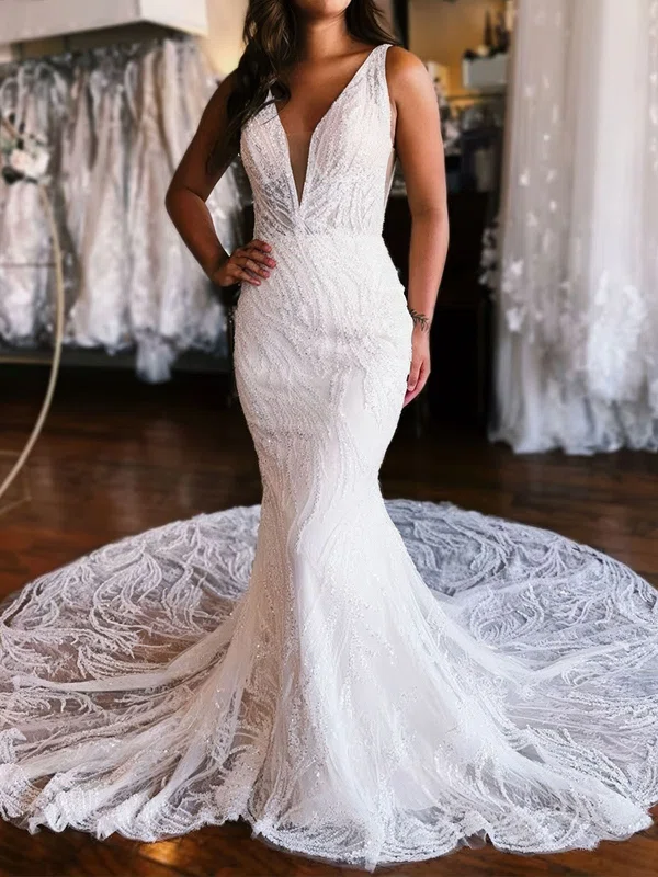 Trumpet/Mermaid V-neck Glitter Lace Sweep Train Wedding Dresses With Appliques Lace #Milly00029013