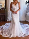 Trumpet/Mermaid V-neck Lace Court Train Wedding Dresses With Appliques Lace #Milly00029015