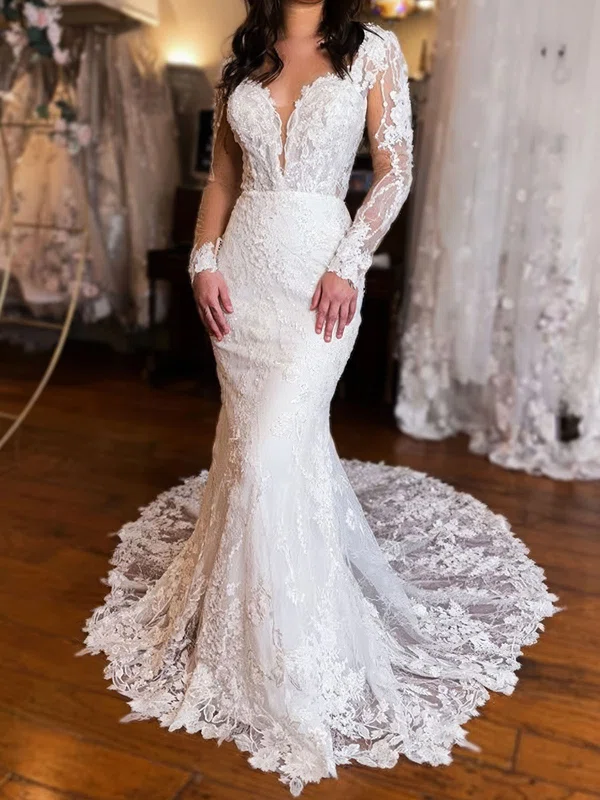 Trumpet/Mermaid V-neck Lace Tulle Sweep Train Wedding Dresses With Appliques Lace #Milly00029016