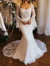 Trumpet/Mermaid V-neck Glitter Lace Sweep Train Wedding Dresses With Appliques Lace #Milly00029017