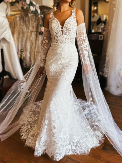 Trumpet/Mermaid V-neck Lace Tulle Sweep Train Wedding Dresses With Appliques Lace #Milly00029018