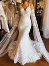 Trumpet/Mermaid V-neck Lace Tulle Sweep Train Wedding Dresses With Appliques Lace #Milly00029018