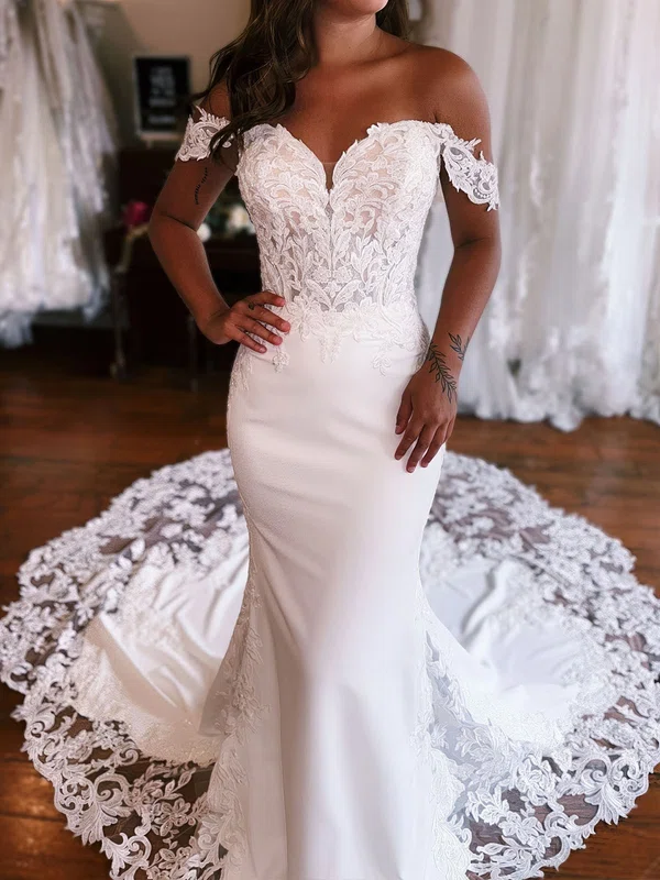 Trumpet/Mermaid Off-the-shoulder Stretch Crepe Sweep Train Wedding Dresses With Appliques Lace #Milly00029019