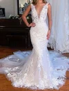 Trumpet/Mermaid V-neck Tulle Sweep Train Wedding Dresses With Appliques Lace #Milly00029024