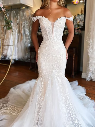 Trumpet/Mermaid Off-the-shoulder Tulle Sweep Train Wedding Dresses With Appliques Lace #Milly00029030