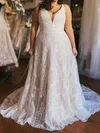 Ball Gown/Princess V-neck Lace Tulle Sweep Train Wedding Dresses With Appliques Lace #Milly00029032