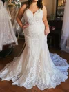 Trumpet/Mermaid V-neck Glitter Lace Sweep Train Wedding Dresses With Appliques Lace #Milly00029033