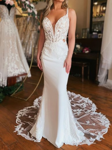 Sheath/Column V-neck Stretch Crepe Sweep Train Wedding Dresses With Appliques Lace #Milly00029034