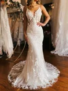 Trumpet/Mermaid V-neck Lace Tulle Sweep Train Wedding Dresses With Appliques Lace #Milly00029035