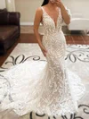 Sheath/Column V-neck Lace Tulle Sweep Train Wedding Dresses With Appliques Lace #Milly00029036