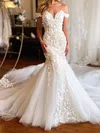 Trumpet/Mermaid Off-the-shoulder Glitter Tulle Court Train Wedding Dresses With Appliques Lace #Milly00029037