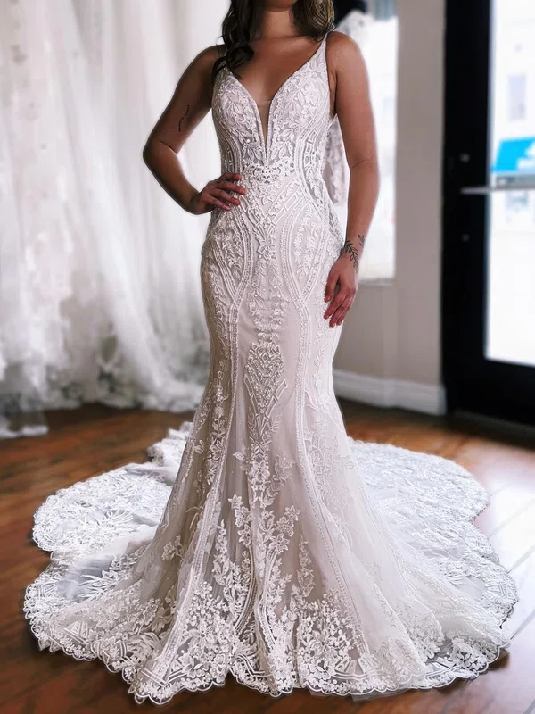 Trumpet/Mermaid V-neck Lace Tulle Sweep Train Wedding Dresses With Appliques Lace #Milly00029045