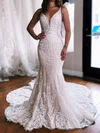 Trumpet/Mermaid V-neck Lace Tulle Sweep Train Wedding Dresses With Appliques Lace #Milly00029045