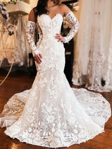 Trumpet/Mermaid Sweetheart Glitter Sweep Train Wedding Dresses With Appliques Lace #Milly00029046