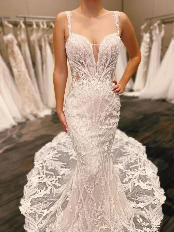 Trumpet/Mermaid V-neck Glitter Lace Court Train Wedding Dresses With Appliques Lace #Milly00029050