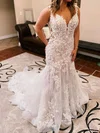 Trumpet/Mermaid V-neck Tulle Sweep Train Wedding Dresses With Ruffles #Milly00029052