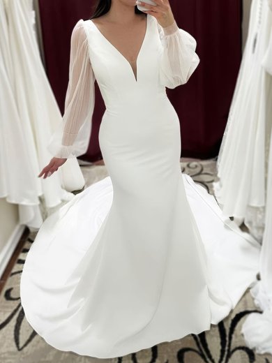 Trumpet/Mermaid V-neck Stretch Crepe Sweep Train Wedding Dresses #Milly00029056