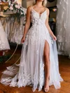 Ball Gown/Princess V-neck Glitter Tulle Sweep Train Wedding Dresses With Split Front #Milly00029059