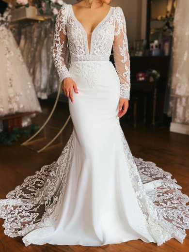 Sheath/Column V-neck Stretch Crepe Sweep Train Wedding Dresses With Appliques Lace #Milly00029063