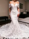 Trumpet/Mermaid Off-the-shoulder Lace Tulle Court Train Wedding Dresses With Appliques Lace #Milly00029065