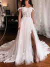 Ball Gown/Princess Off-the-shoulder Glitter Tulle Sweep Train Wedding Dresses With Split Front #Milly00029066