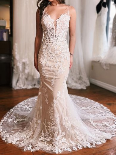 Trumpet/Mermaid V-neck Glitter Sweep Train Wedding Dresses With Appliques Lace #Milly00029067