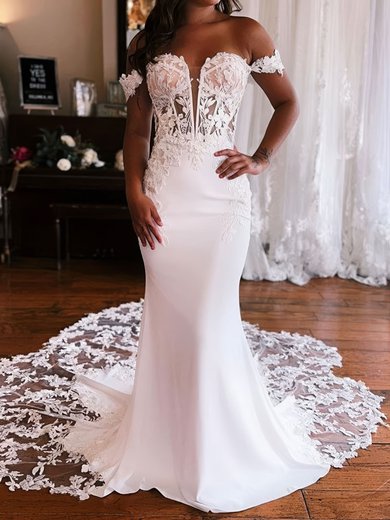 Sheath/Column Off-the-shoulder Stretch Crepe Sweep Train Wedding Dresses With Appliques Lace #Milly00029070