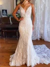 Trumpet/Mermaid V-neck Tulle Lace Sweep Train Wedding Dresses With Appliques Lace #Milly00029072