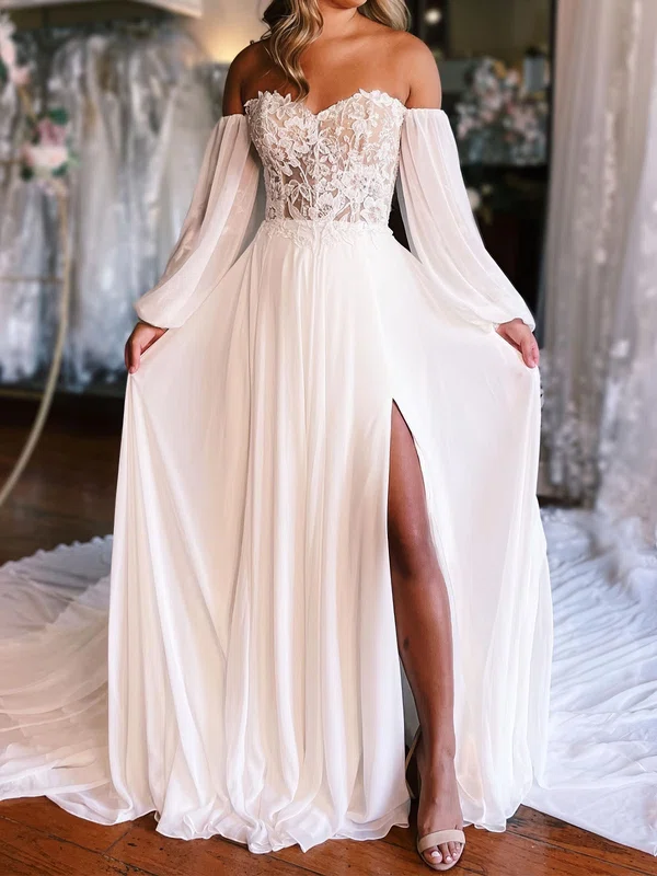 A-line Off-the-shoulder Chiffon Court Train Wedding Dresses With Split Front #Milly00029074