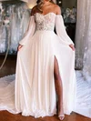 A-line Off-the-shoulder Chiffon Court Train Wedding Dresses With Split Front #Milly00029074