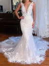 Trumpet/Mermaid V-neck Glitter Tulle Court Train Wedding Dresses With Appliques Lace #Milly00029076