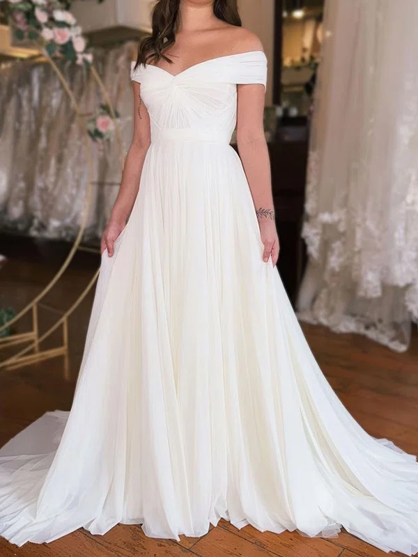 Ball Gown/Princess Off-the-shoulder Chiffon Sweep Train Wedding Dresses With Ruched|Split Front #Milly00029077