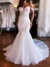 Trumpet/Mermaid Off-the-shoulder Glitter Sweep Train Wedding Dresses With Appliques Lace #Milly00029078