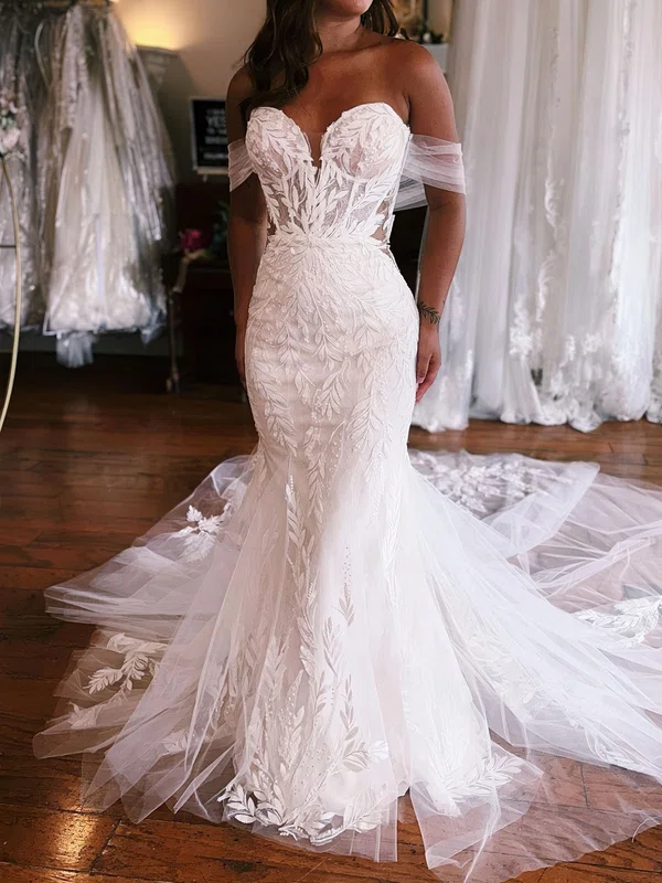 Trumpet/Mermaid Off-the-shoulder Tulle Sweep Train Wedding Dresses With Appliques Lace #Milly00029082