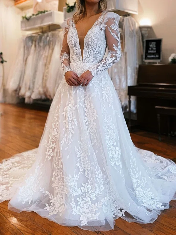 Ball Gown/Princess V-neck Tulle Sweep Train Wedding Dresses With Appliques Lace #Milly00029085