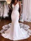 Trumpet/Mermaid V-neck Stretch Crepe Sweep Train Wedding Dresses With Appliques Lace #Milly00029087