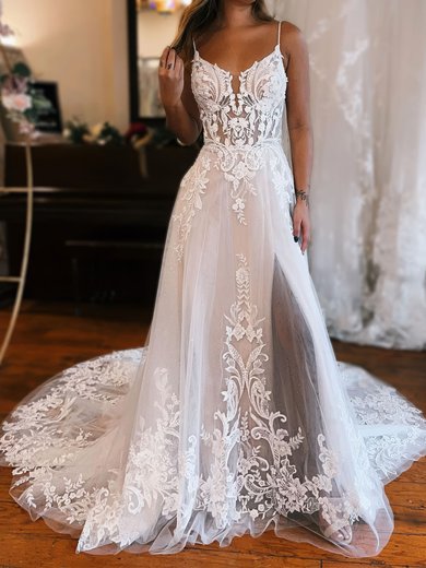 Ball Gown/Princess V-neck Glitter Sweep Train Wedding Dresses With Split Front #Milly00029089