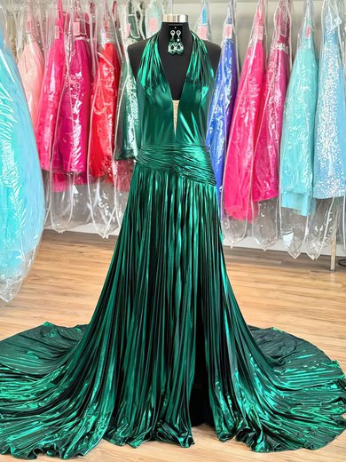 Sparkly A-line Metallic Halter Ruched Split Prom Dresses #Milly020125001