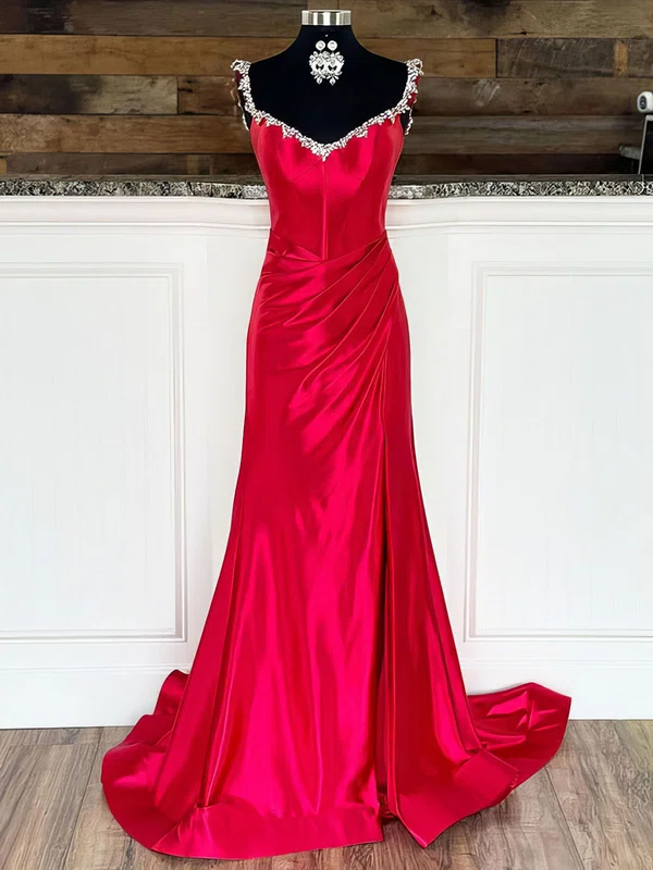 Elegant Red Satin Sheath/Column Beaded Ruched Prom Dresses #Milly020125008