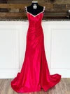 Elegant Red Satin Sheath/Column Beaded Ruched Prom Dresses #Milly020125008