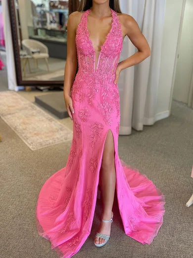 Mermaid Halter Lace Tulle Corset Prom Dresses With Appliques #Milly020125010