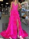 Ball Gown V-neck Satin Tiered Prom Dresses With Beading #Milly020125011