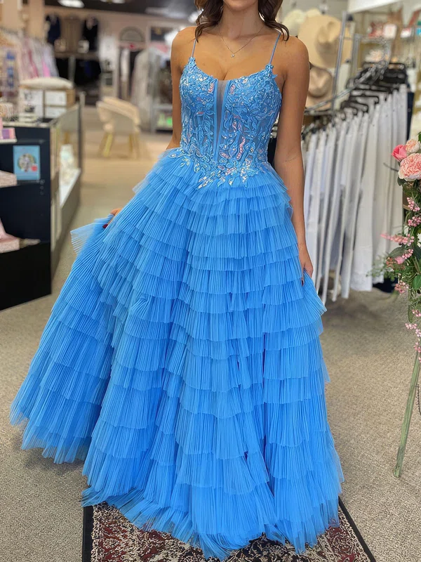 Ball Gown Scoop Neck Tulle Tiered Prom Dresses With Appliques #Milly020125016