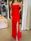 Red Sheath/Column Cowl Neck Satin Prom Dresses With Ruched #Milly020125034