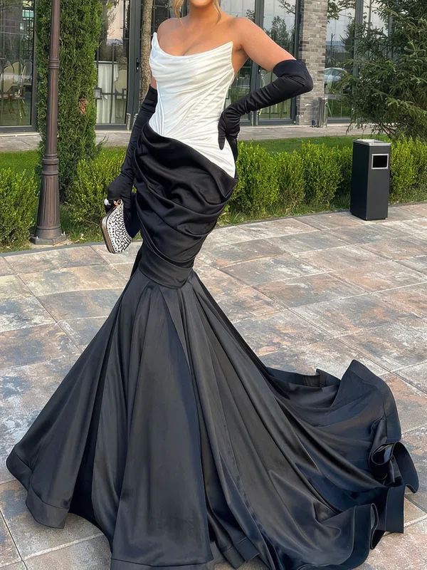 Unique Trumpet/Mermaid Satin Straight Ruched Prom Dresses #Milly020125056