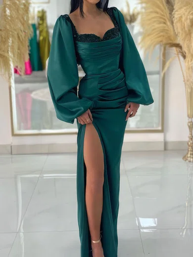 Sheath/Column Sweetheart Puff Sleeve Satin Prom Dresses With Ruched #Milly020125081