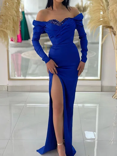 Sheath/Column Off-the-shoulder Satin Prom Dresses With Long Sleeves #Milly020125083